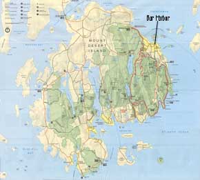 Map of Mount Desert Island, Maine showing Bar Harbor, Maine and Acadia National Park, Maine